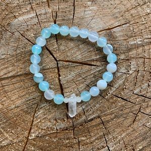 ‘Ocean’ Seafoam Aqua Agate + Clear Quartz Bracelet